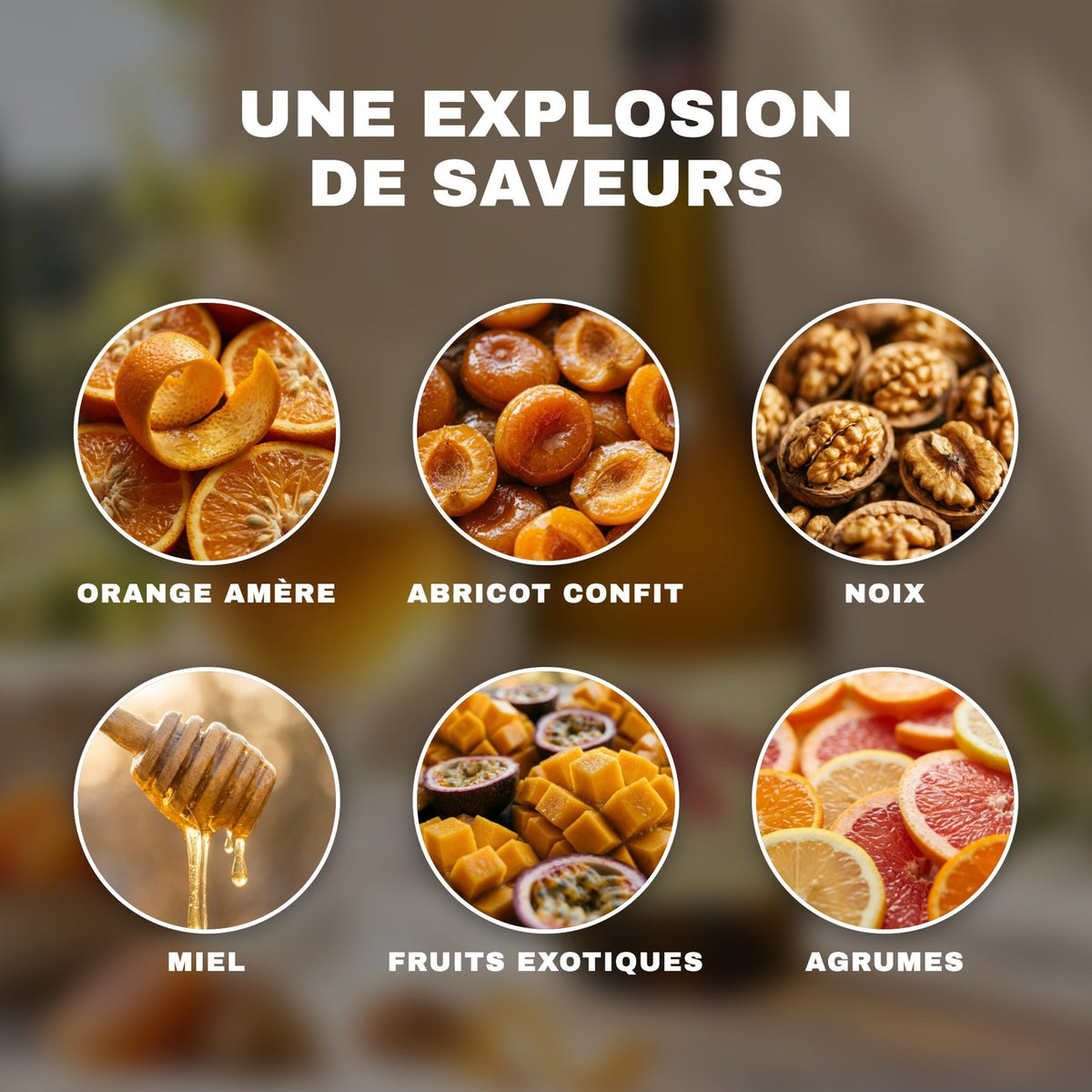 Arômes : orange amère, abricot confit, noix, miel, fruits exotiques, agrumes