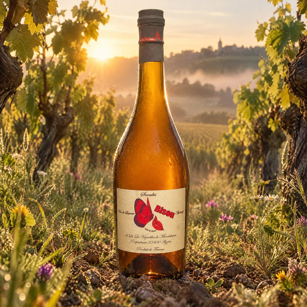 Bouteille de Bisou dans les vignes en biodynamie