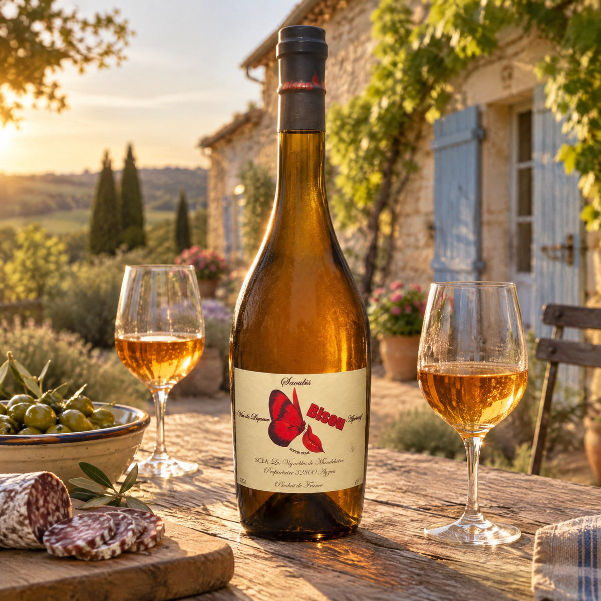 Apéritif sur une terrasse gasconne avec le Bisou